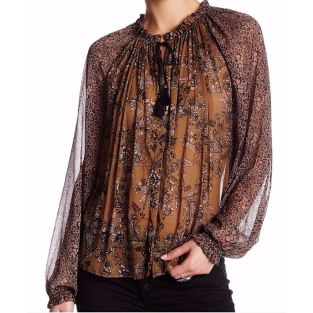 Free People Women's Brown Hendrix Peasant Blouse Sheer Boho Top EUC S #1020